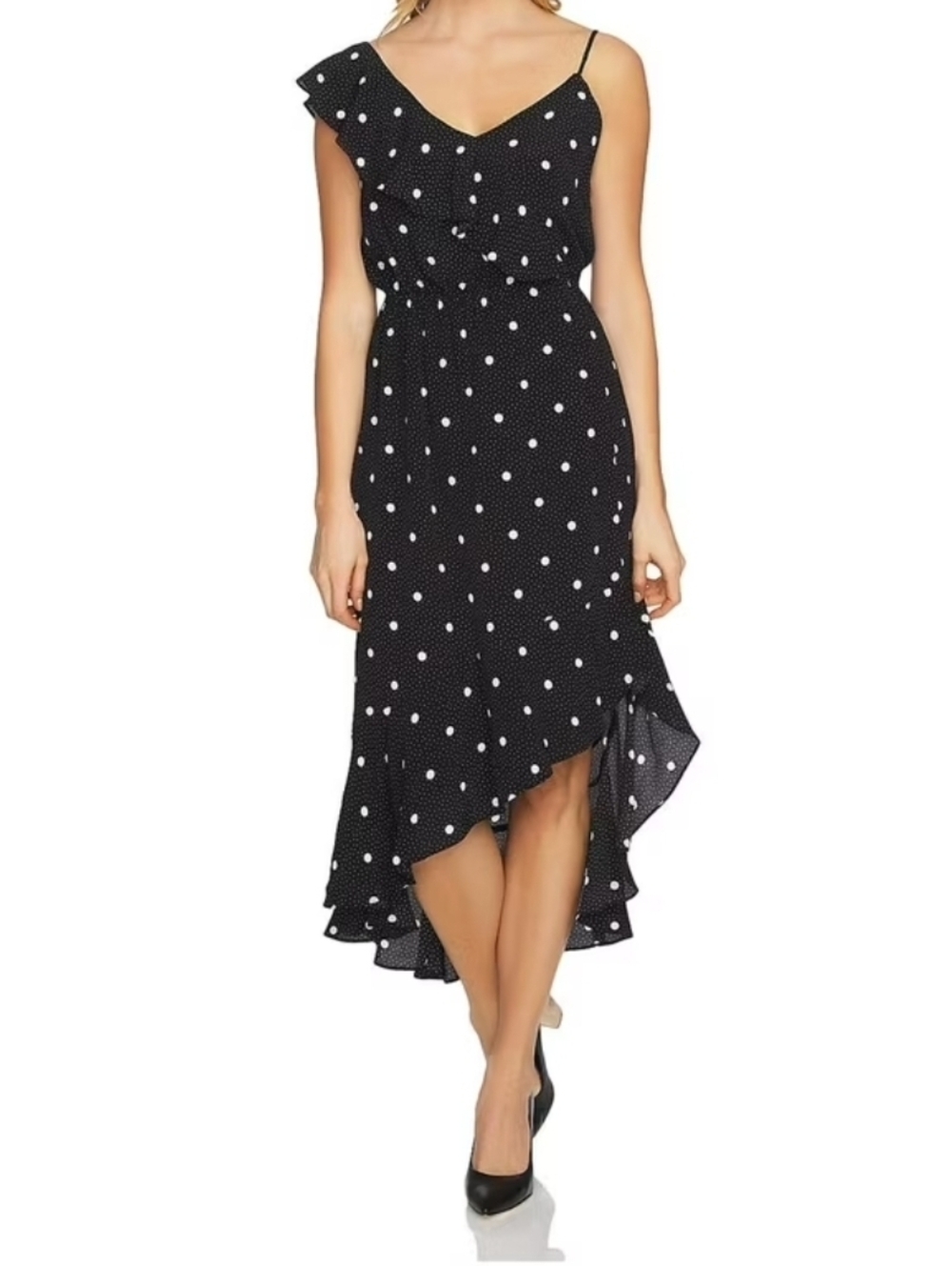 1.STATE black white asymmetrical polka dot ruffle dress with a high-low hem Sz M